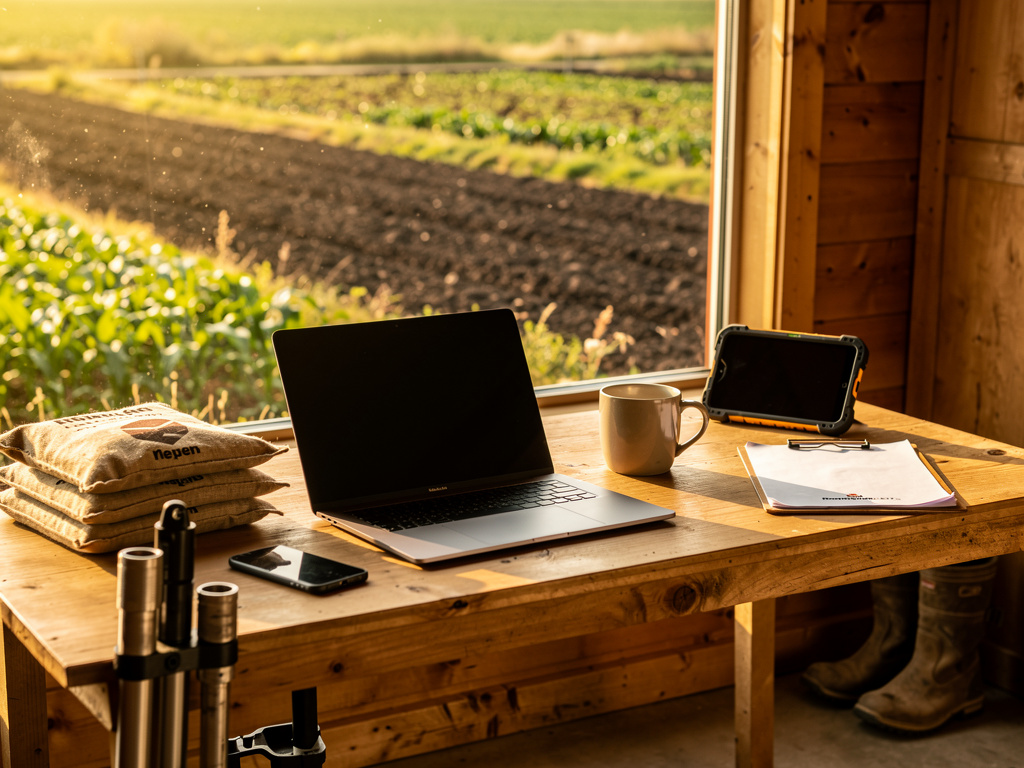 A simple farm office desk with a laptop, a phone, a coffee mug and stacked soil sample bags, with fields visible through