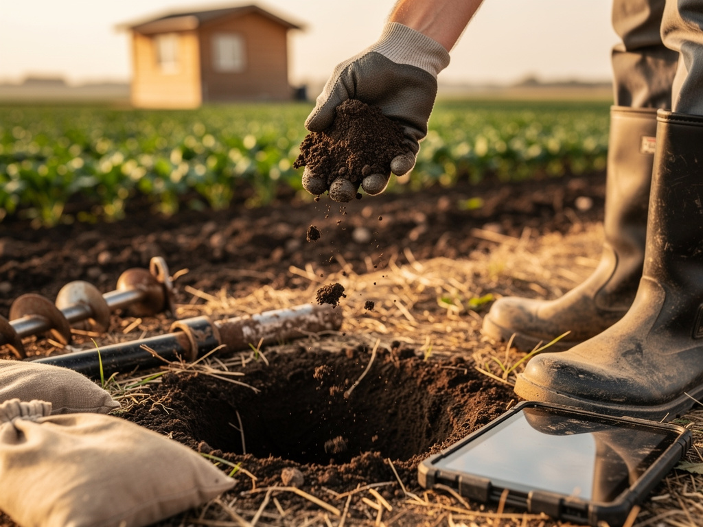 Close-up of a hand holding a crumbly clump of dark soil above a freshly opened sampling hole.