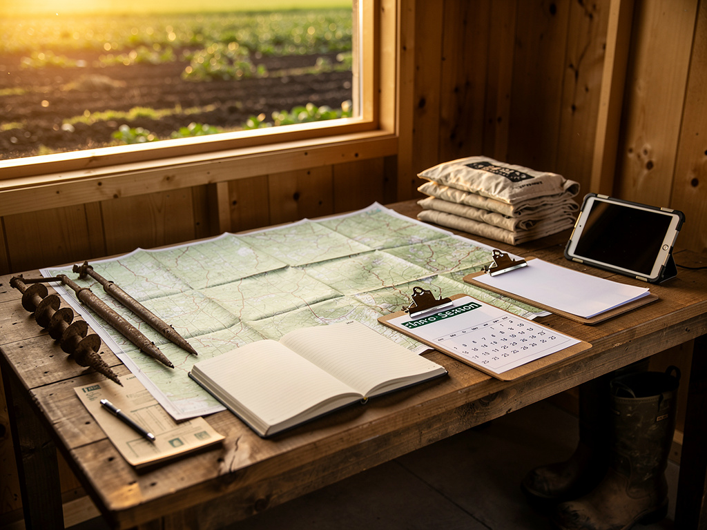 A wooden table covered with a field map, a notebook and a season calendar under warm window light.