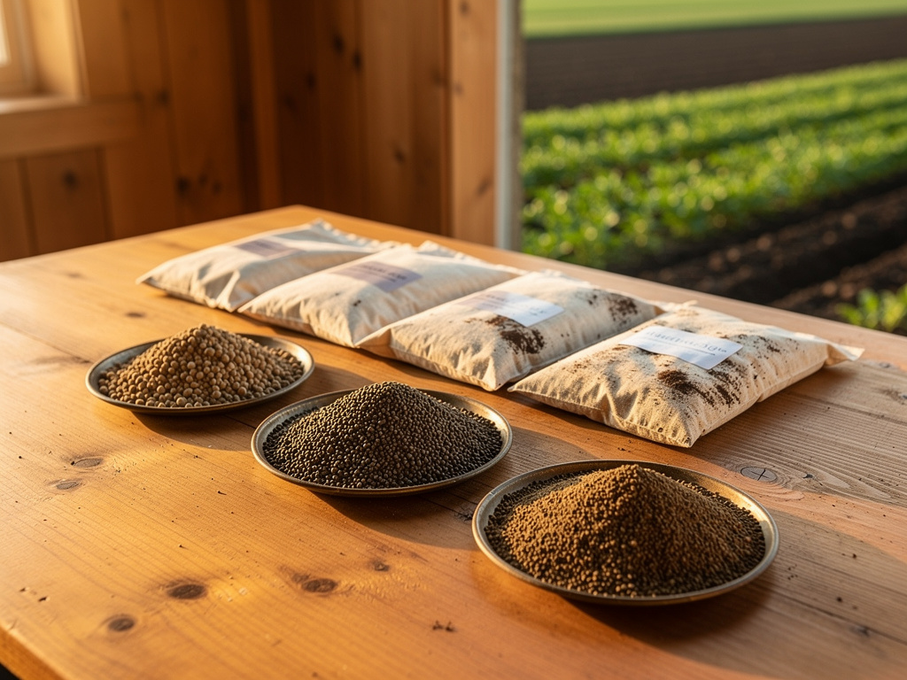 Small piles of granular fertilizer in shallow trays beside cloth soil sample bags on a straw-colored tabletop.