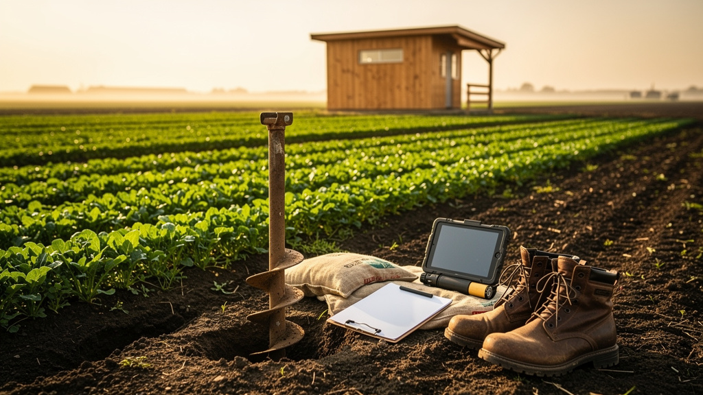 Wide view of healthy green crop rows stretching toward the horizon at sunrise, with a soil auger standing upright in the