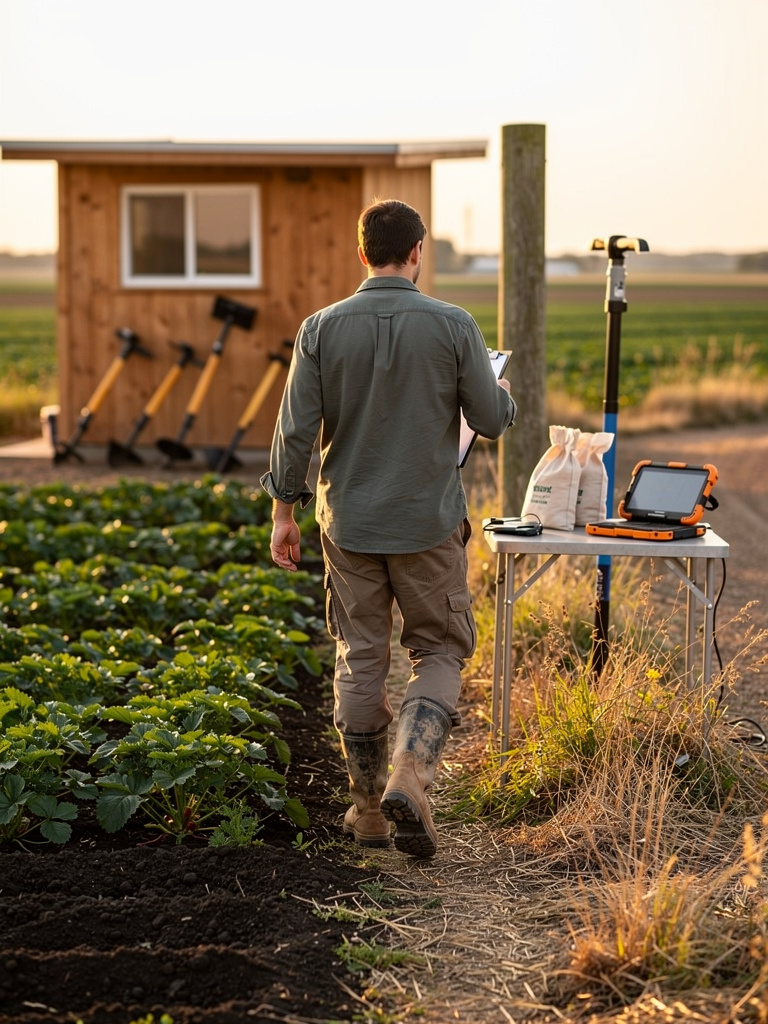 An agronomist seen from behind walking between crop rows with a clipboard, face out of frame.